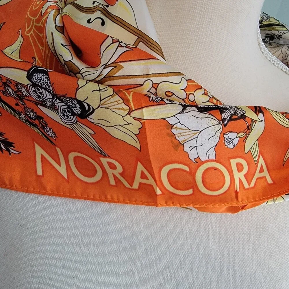 NORACORA Scarf FLORAL‎ BUTTERFLY Music ORANGE SQUARE Polyester  21 In Square